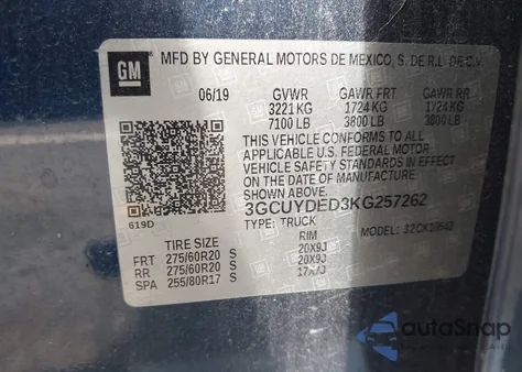 2019 Chevrolet Silverado 1500 Lt из США, поврежденный, VIN 3GCUYDED3KG257262